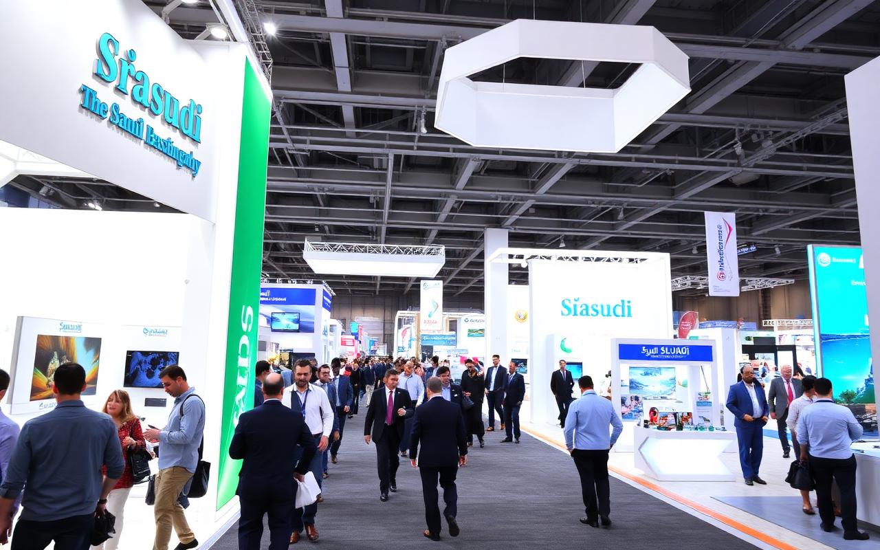 Saudi exhibition floor with attendees and booths